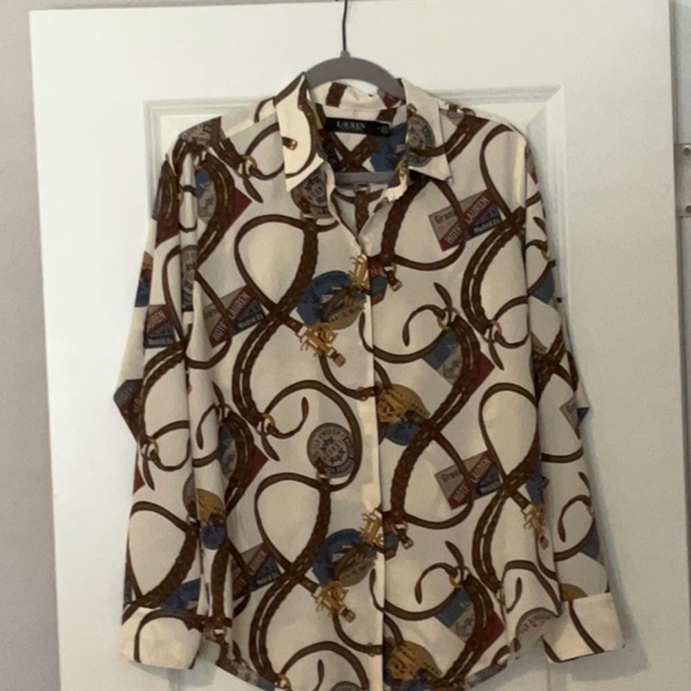Ralph Lauren Brown and Cream Casual Button Down Shirt with Abstract Design